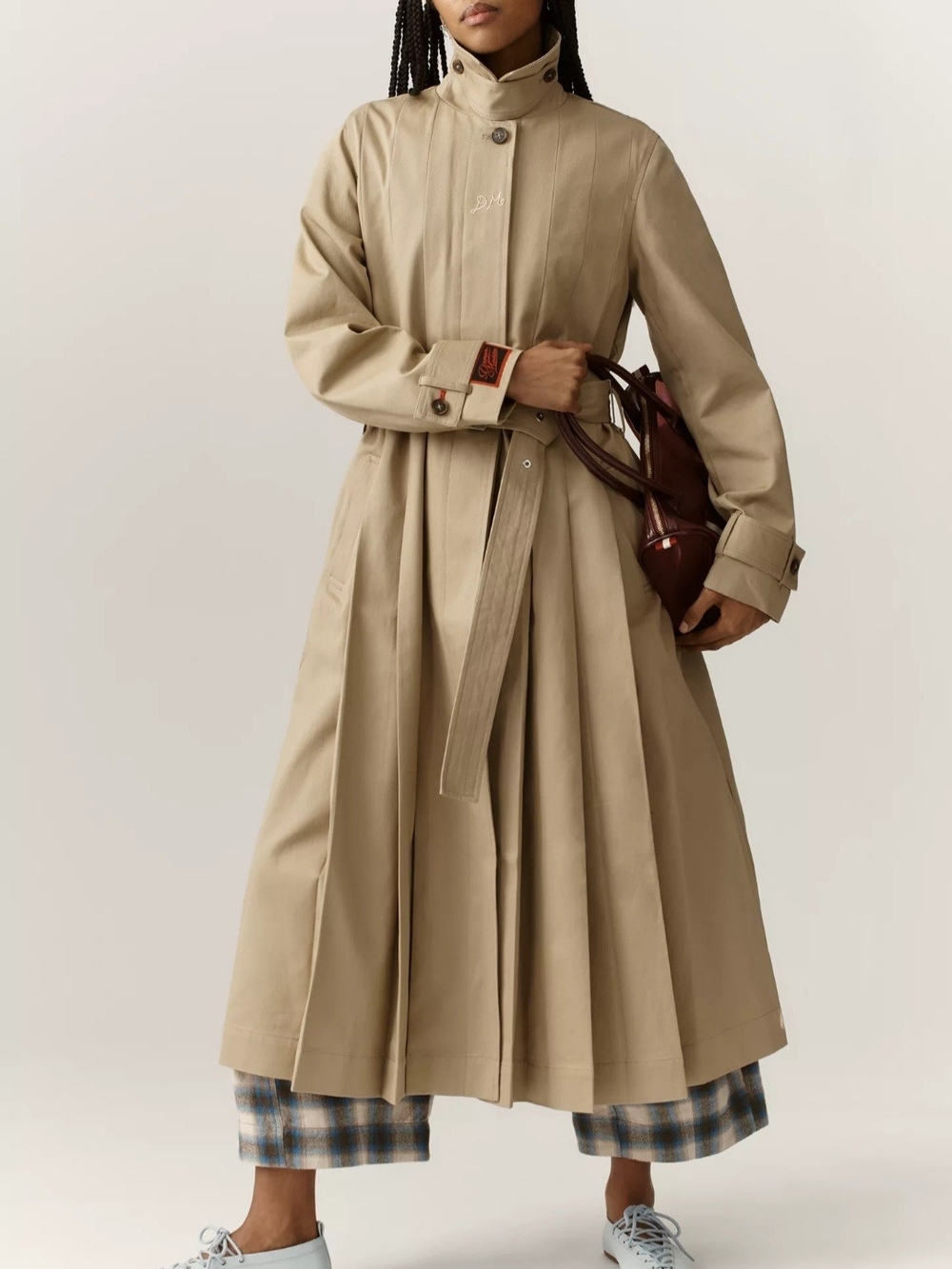 Damson Madder Sofia Pleated A-Line Trench Coat in Light Stone